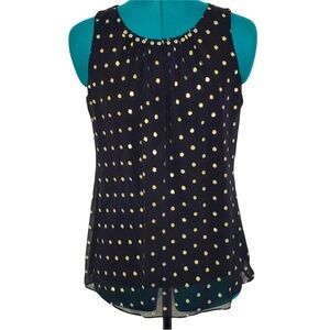 NWT! WHBM Black Sleeveless Blouse with Gold Polka Dots! Size XS